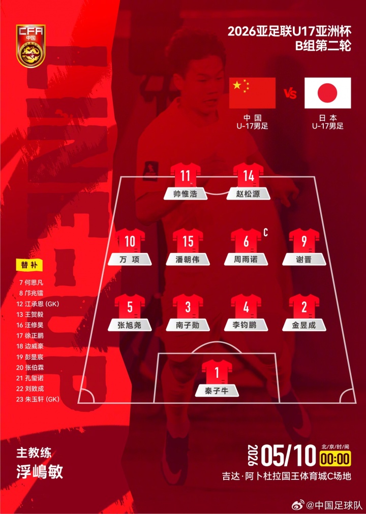 开云中国官网-U17亚洲杯B组第二轮，中国U-17男足对阵日本U-17男足，首发公布